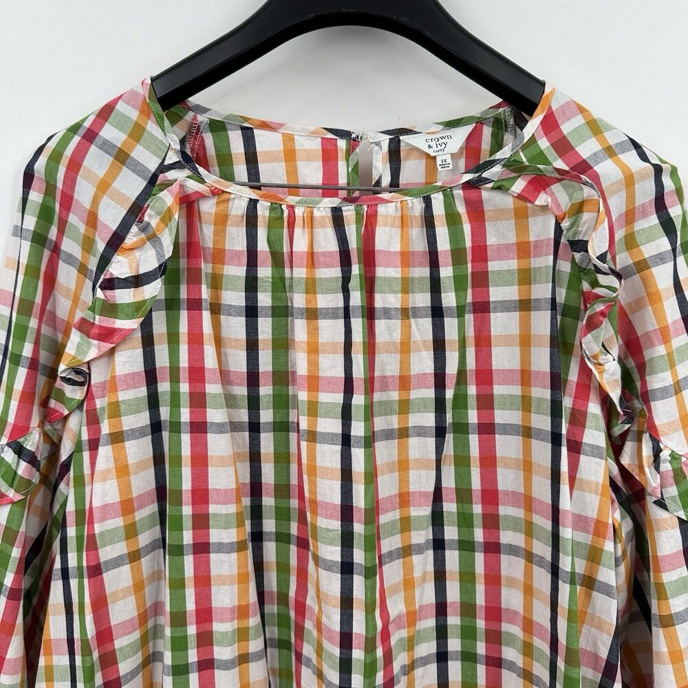 Crown & Ivy Top Size 2X Plaid Colorful Vibrant Ruffle Cotton Long Sleeve - Picture 2 of 8